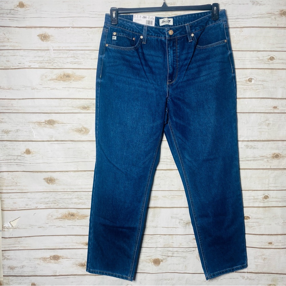 Seven7 Women's 90's High Rise Dark Blue Denim Straight Jeans Size 14 - Picture 2 of 6